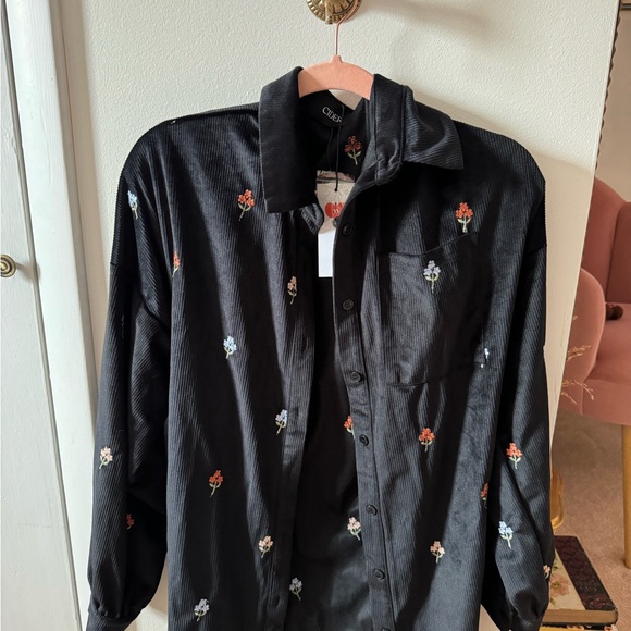 Cider Black Velvet Shirt Dress with Floral Embroidery Size S - Picture 2 of 7